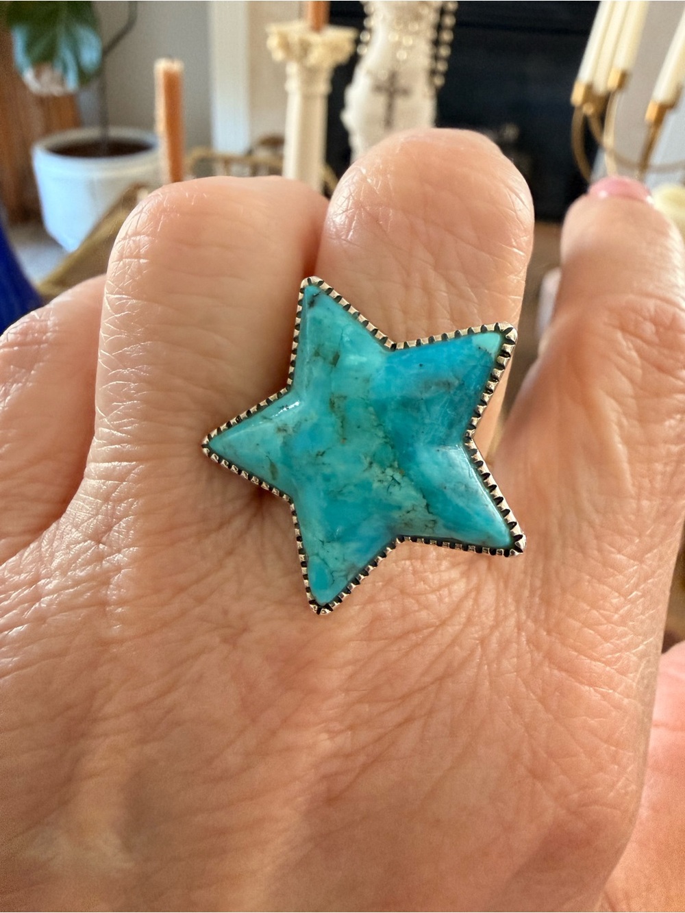 Genuine Arizona Turquoise Star sterling silver Statement Ring - Women Jewelry - Picture 2 of 3